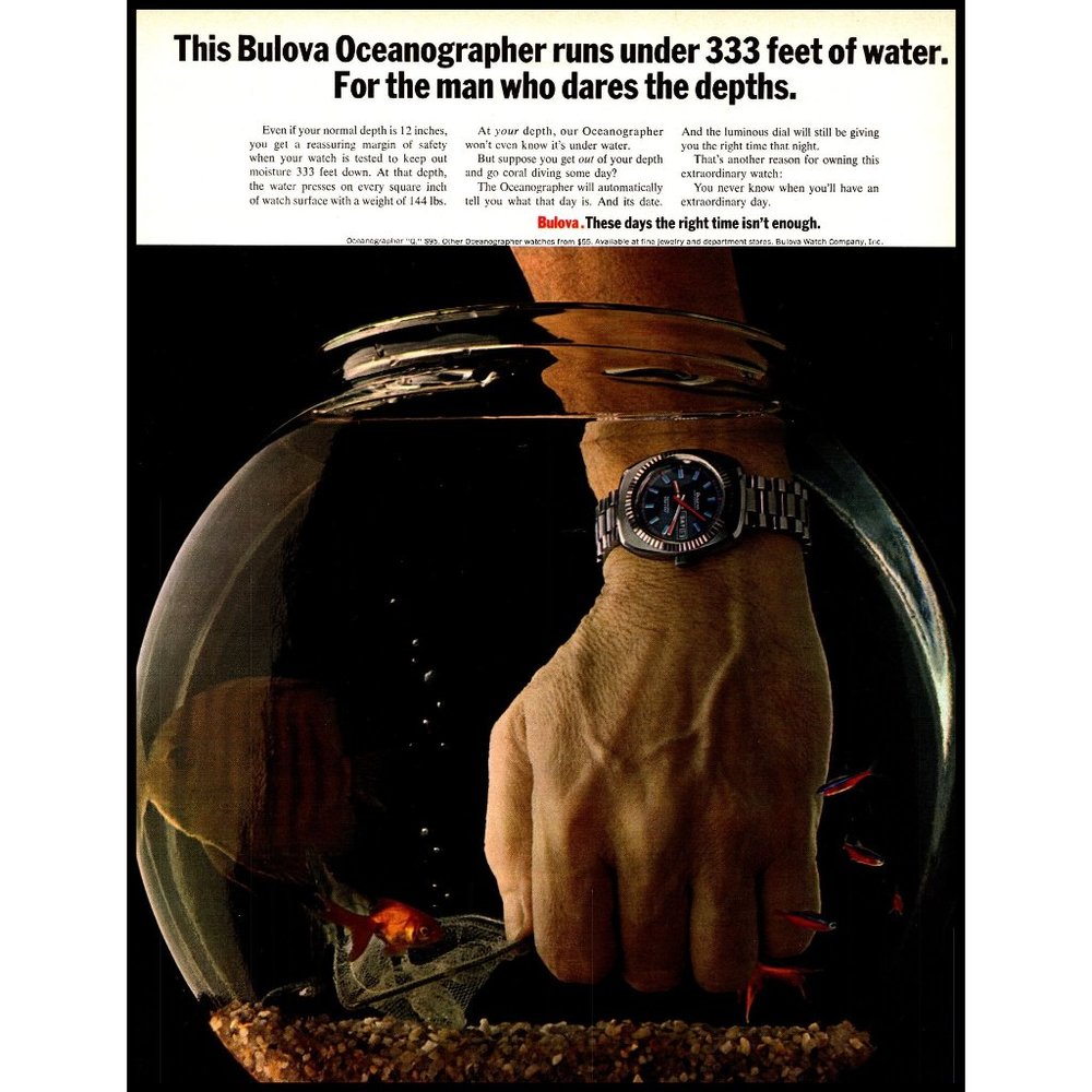1971 Bulova Oceanographer Watch Vintage Print Ad Goldfish Bowl Wall Art Decor